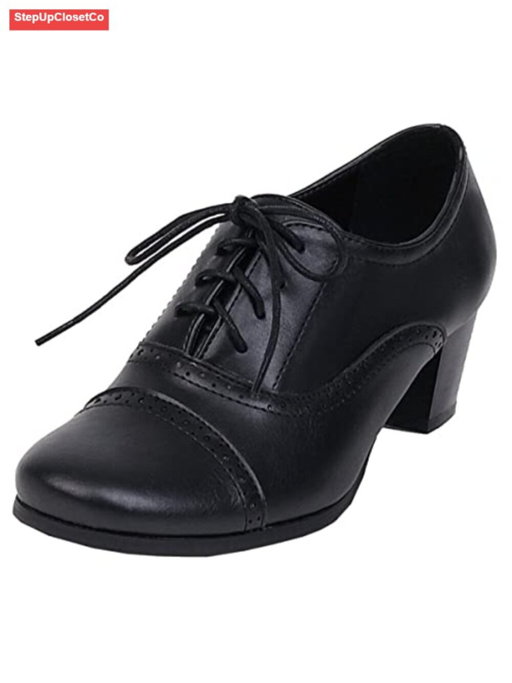 Vintage Wingtip Oxfords Lace Up Chunky Heel Round Toe Block Mid Heels Retro